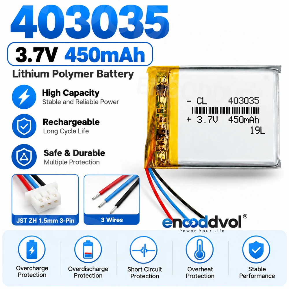 3Wires 403035 3.7V LiPo Battery 450mAh 043035 Rechargeable Lithium Polymer Battery with JST ZH1.5mm 3-Pin for Electronic Devices