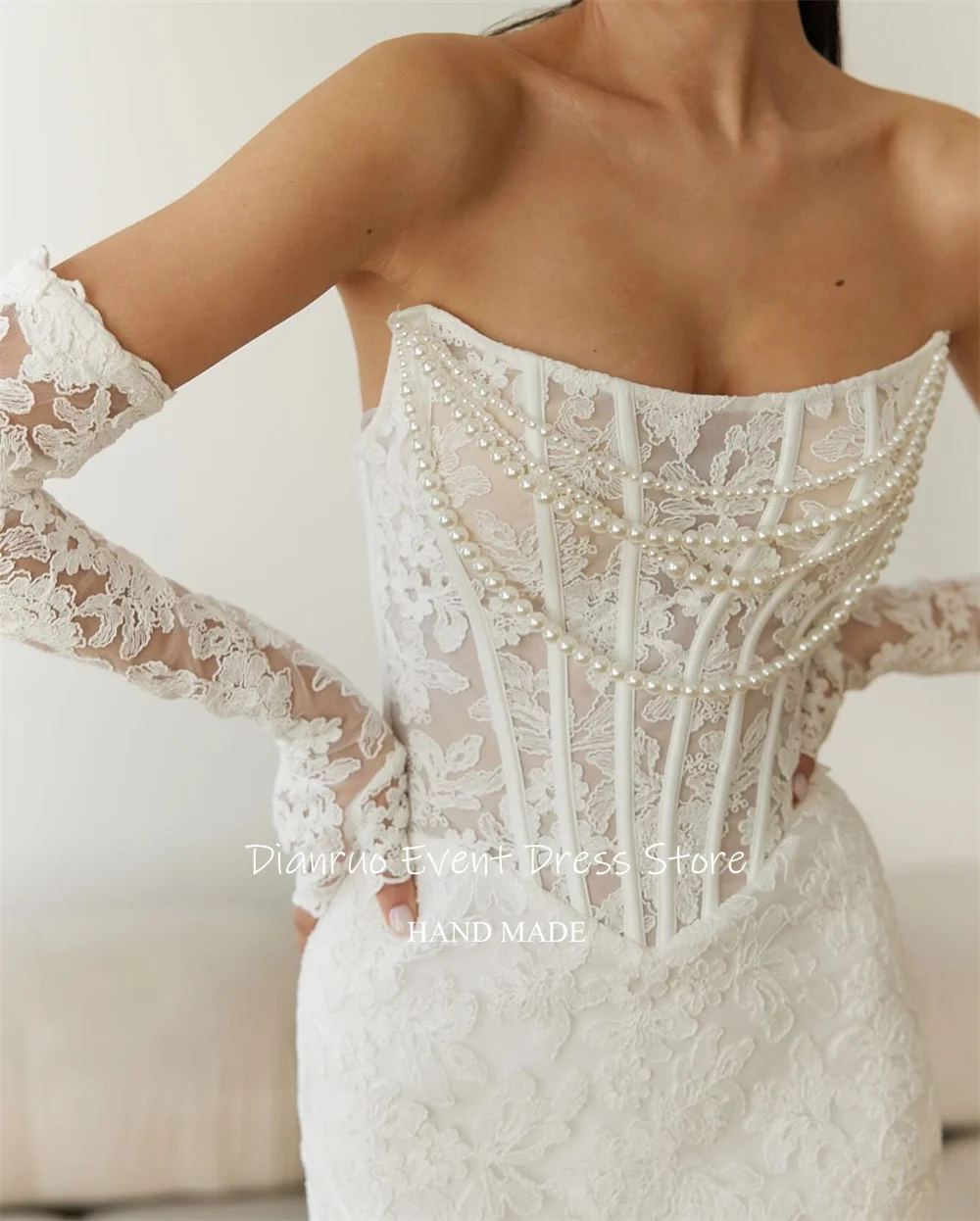 Dianruo فساتين زفاف رائعة بدون حمالات حورية البحر لؤلؤ فاخر رداء De Mariée 2025 مزينة بالدانتيل فساتين ماكسي للعروس حسب الطلب