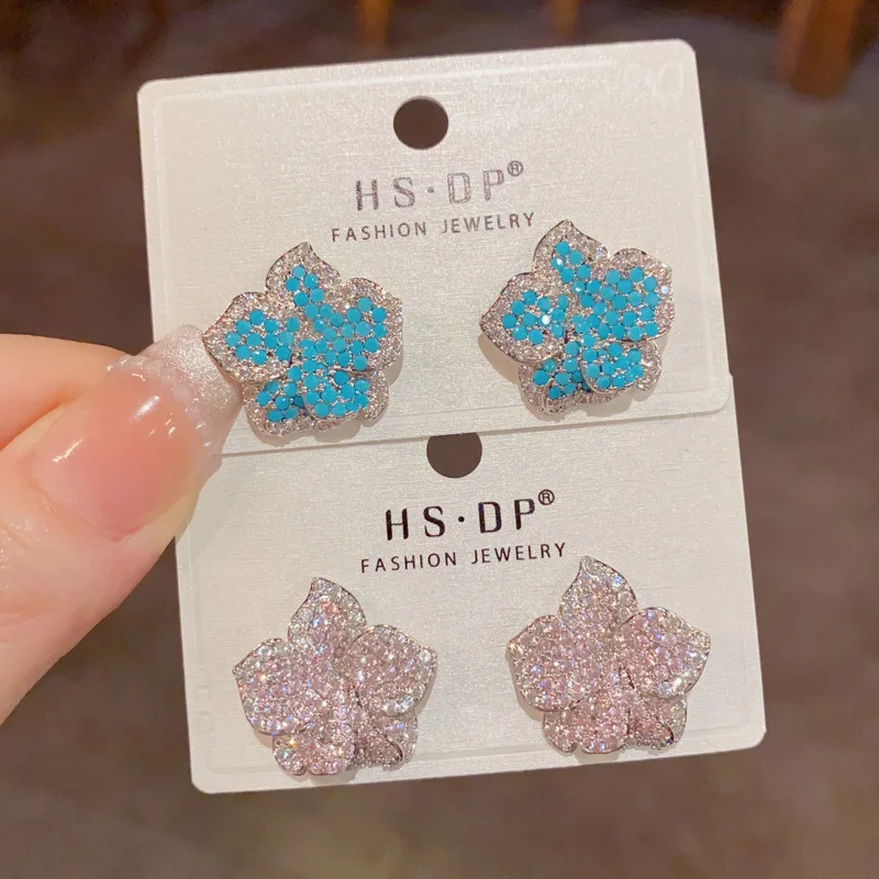 Petal Blossom Studs Vivid Blue Pavé Sparkling Contour Statement Ear Piece Dinner Party Glamour Unique Women Gift Jewelry