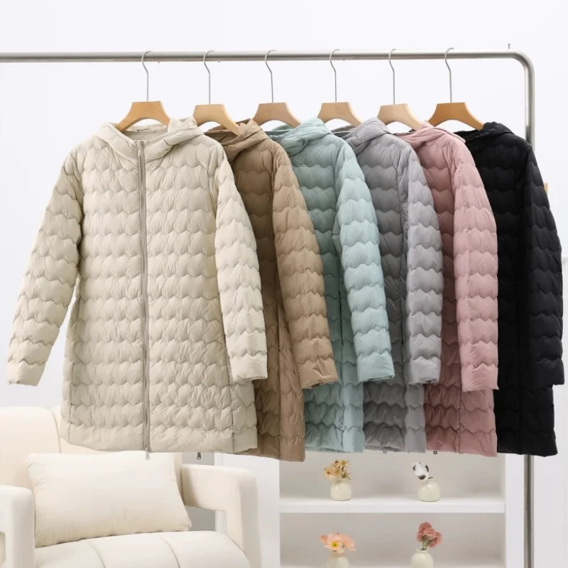 

Women Hooded Down Jacket 2026 New Autumn Winter Light Thin White Duck Down Coat Parkas Female Warm Midi Long Puffer Outerwears