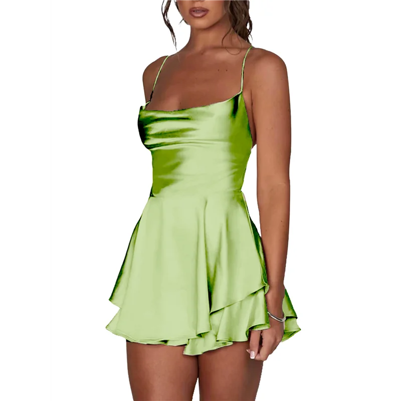 

A09P Женские элегантные атласные летние многоуровневые комбинезоны трапециевидной формы без рукавов с повязкой на спине и бретельками