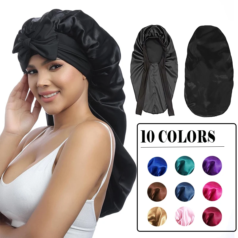 Long Satin Bonnet Sleep Cap Extra Large Silk Sleeping Hijab with Wide Elastic Band Loose Night Hat for Women Braids Curly Hair