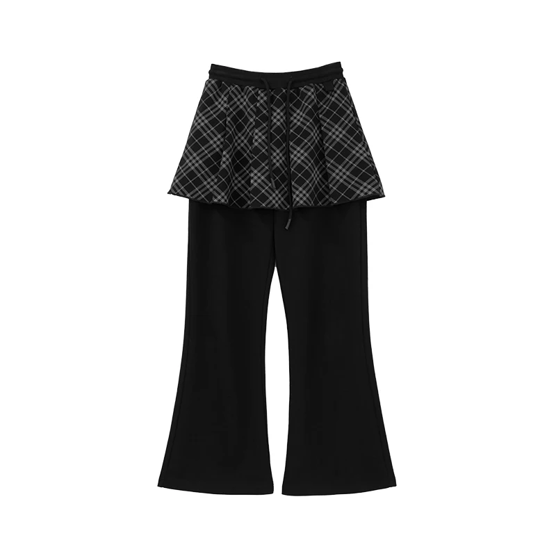 Autumn Winter New Knitted Stretch Fake Two-Piece Pleated Plaid Women's Skirt Pants Loose Elastic Waist Versatile Trousers Ladies