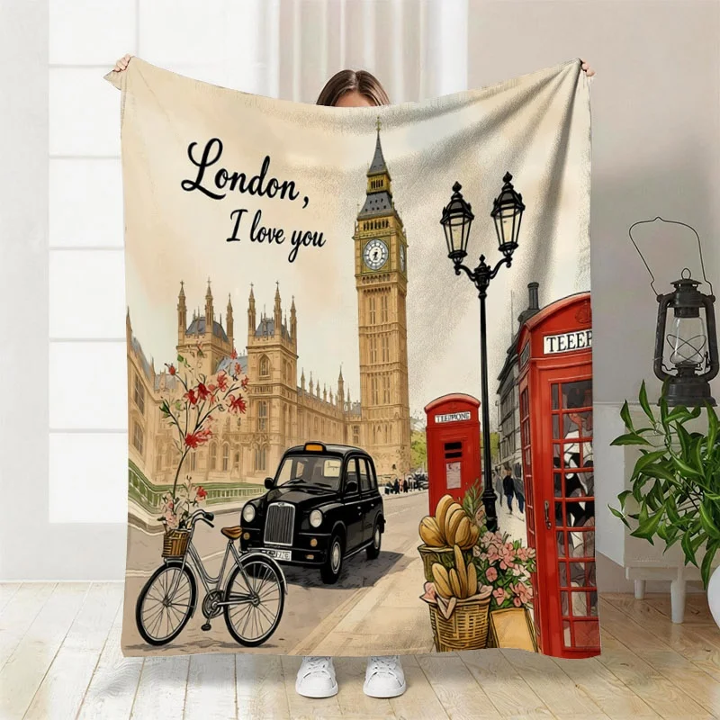 Cozy London Throw Blanket Gift for Lovers British Cityscape Big Ben UK Trip Decorative Wall Tapestry Plush Keepsake Decor