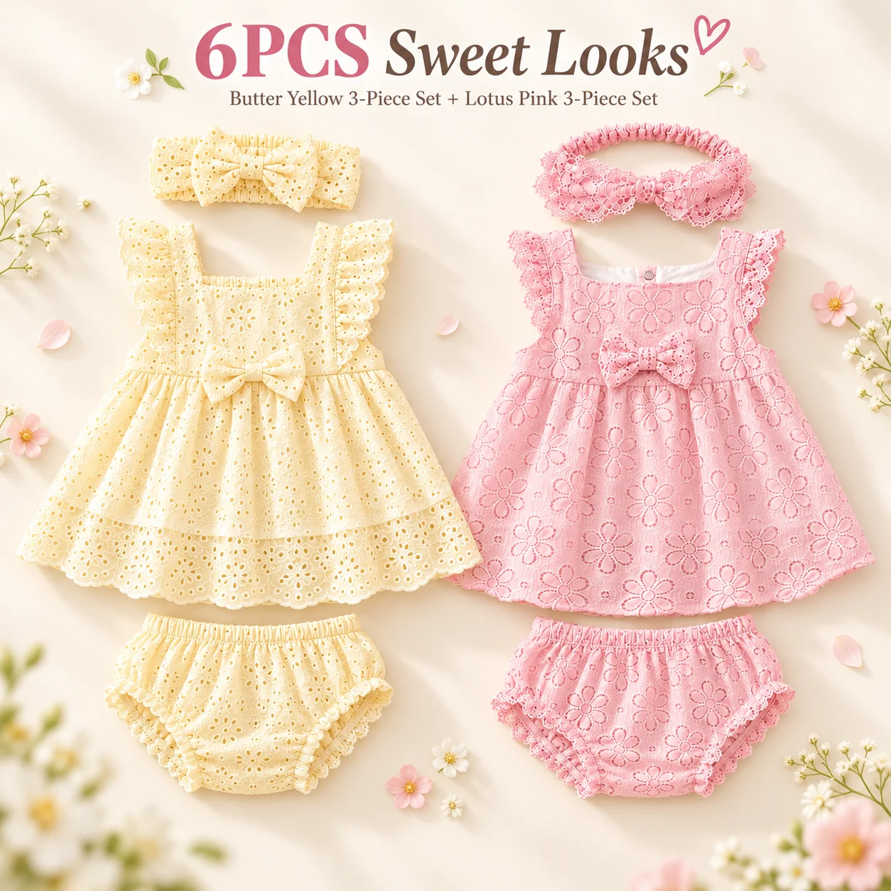 6Pcs Baby Girl Clothes Set Floral Lace Dresses with Matching Bloomers and Bow Headbands Dusty Pink Yellow Outfits for Baby Girls