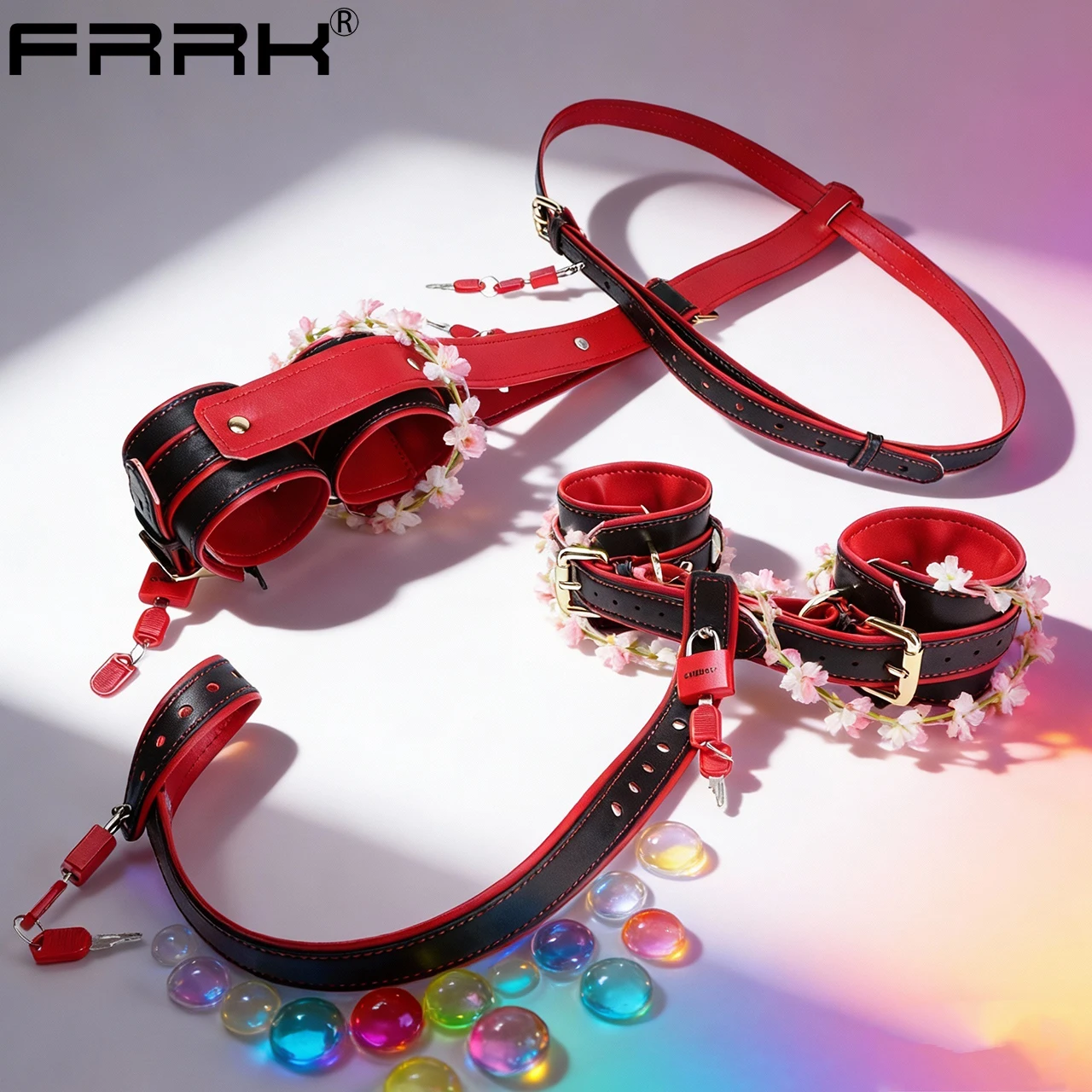 FRRK PU Leather Testicle Wrist Restraint Straps, Hot Fire Black Red Neck-Wrist Bondage Chastity Belt, Man Gay BDSM Sex Toys
