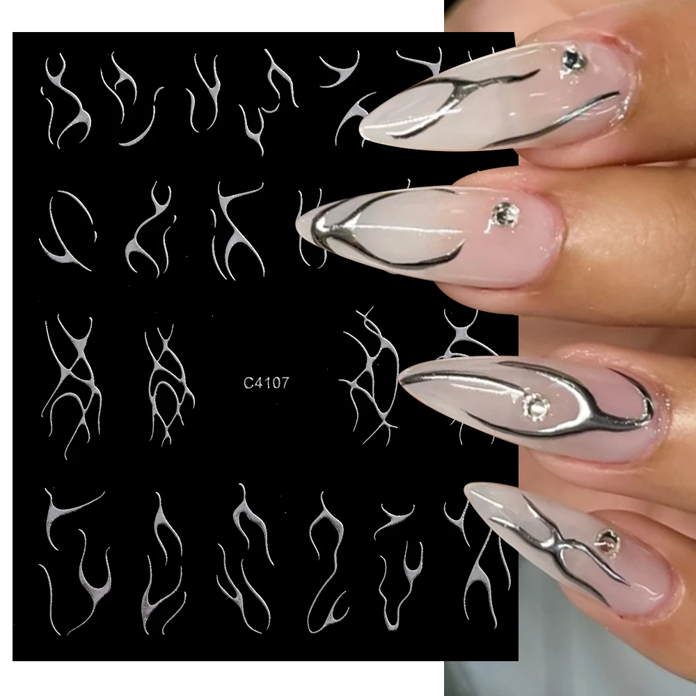 1Pc 3D Metal Silver Gold Flame Nail Art Stickers Bronzing Curve Stripe French Sliders 10*8cm Y2K Metallic Line Adhesive Decals