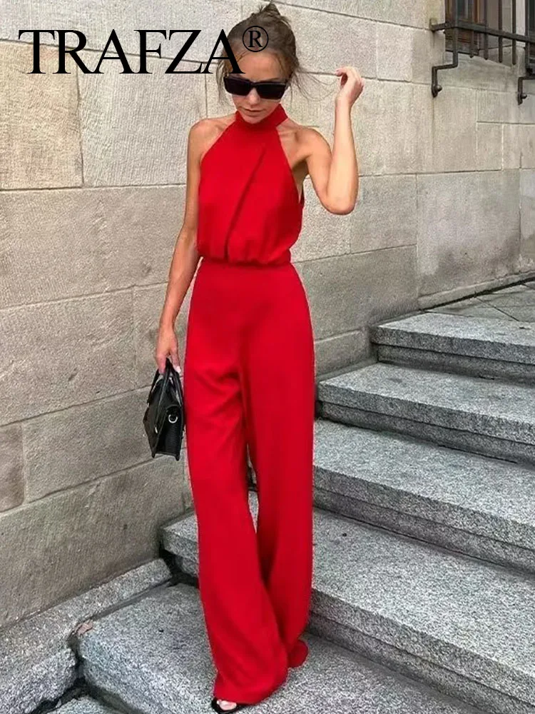 TRAFZA Fashion Women Chic Casual Red High Waist Wide Leg Jumpsuit Female Elegant Hanging Neck Sleeveless Slim Holiday Playsuit