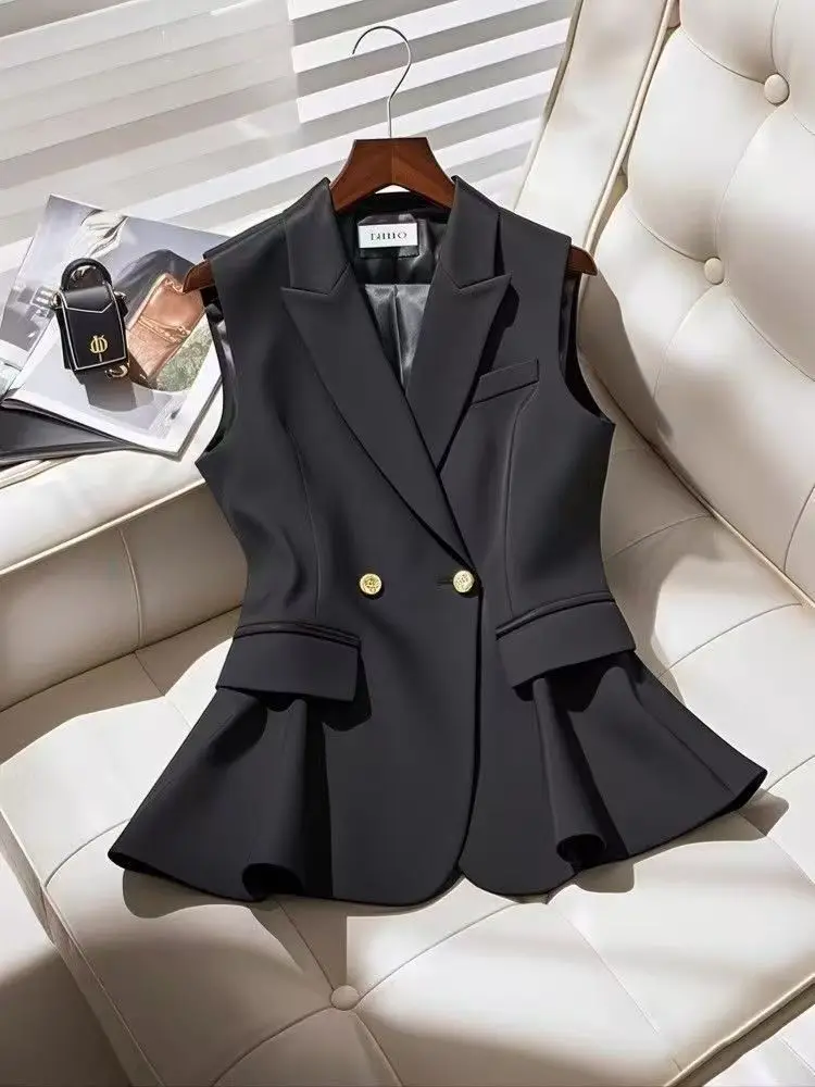 

Французский элегантный жилет для женщин без рукавов, простой черный дизайн, весенние офисные женские повседневные темпераментные пальто, шикарная корейская мода 2025
