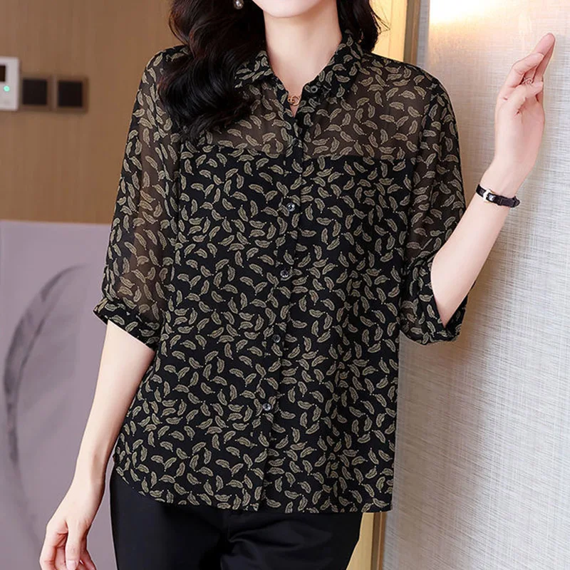 Elegant Fashion Casual Button Floral Leopard Printing Shirt Summer Autumn 2023 Polo-Neck Half Sleeve Loose Tops Women\'s Clothing