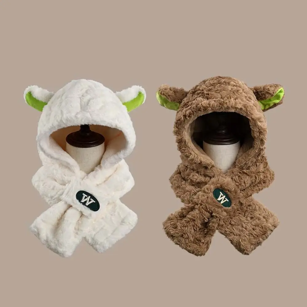 Warm Solid Color Plush Lamb Hat Korean Style Fashion Design Cartoon Fleece Hat Muffler Cartoon Plush Hat with Scarf Girls