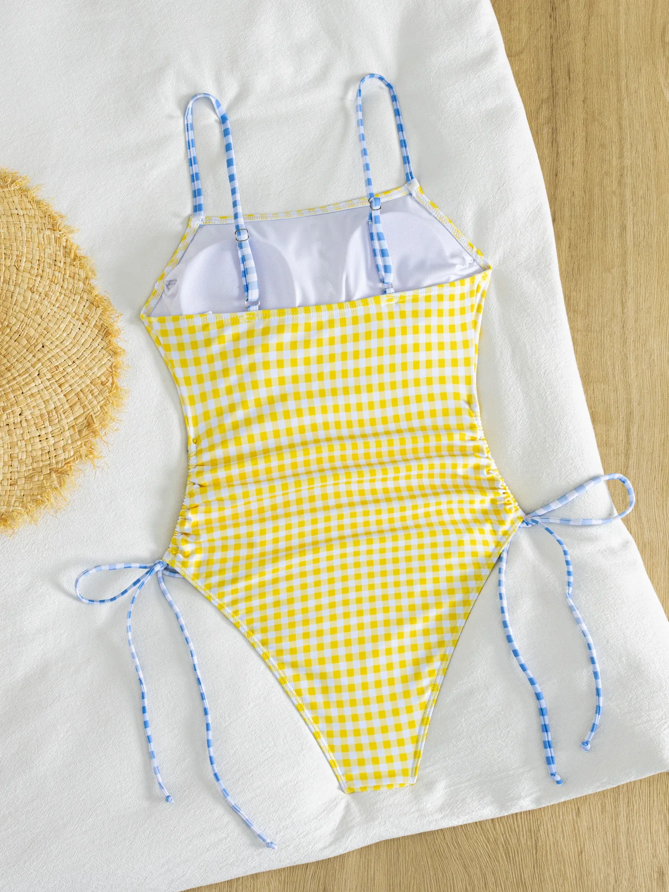 sexy yellow blue plaid patchwork swimsuits one piece bodysuits tie bow swimwear bikinis bathing suit swimwear biquini tankini