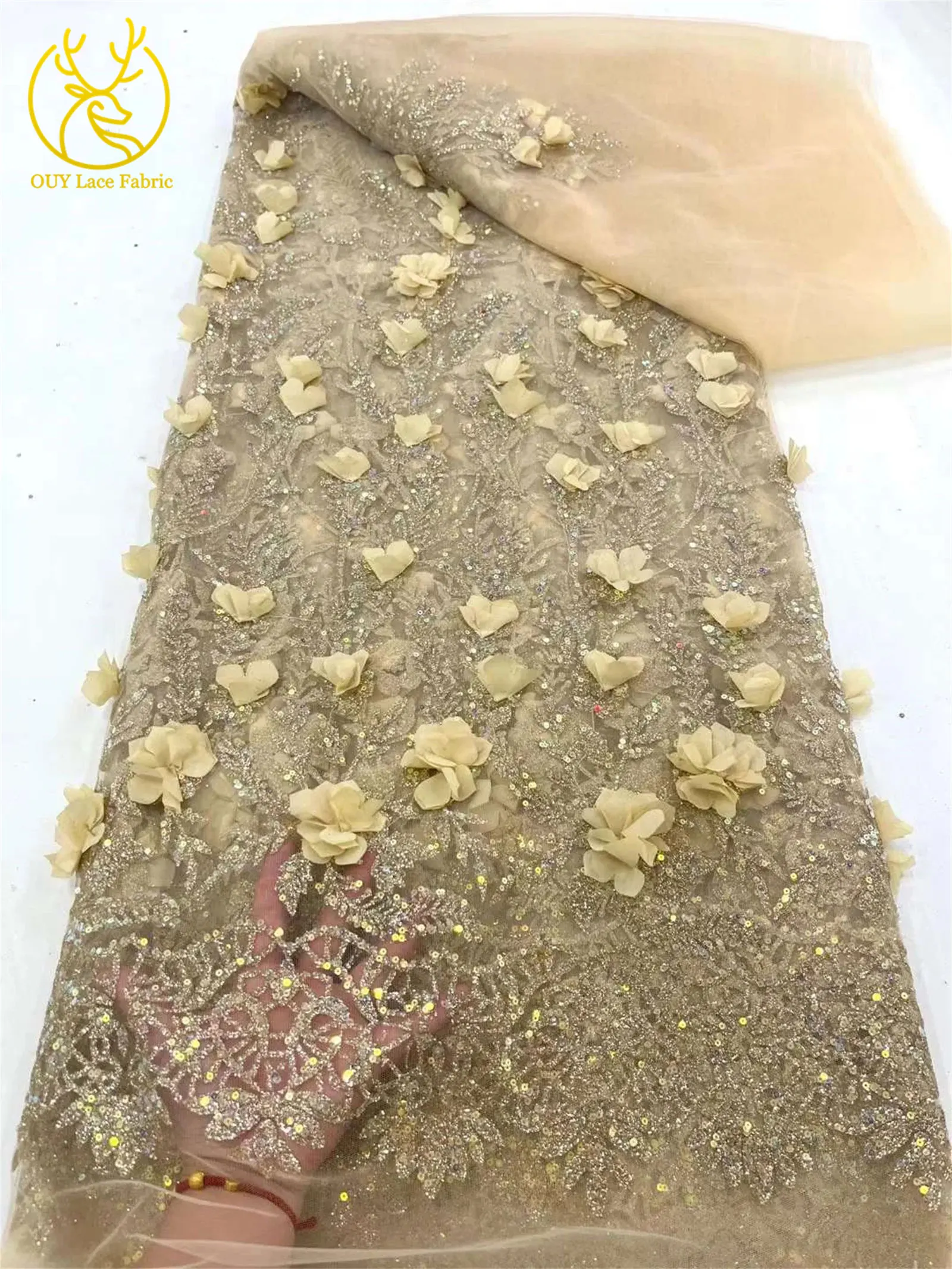 3D Lila Applikations-Spitzenstoff 2026 Hochwertige Afrikanische Glitzer-Pailletten-Spitze Nigerianisch für Hochzeit Braut Partykleid 5 Yards – Detail 8