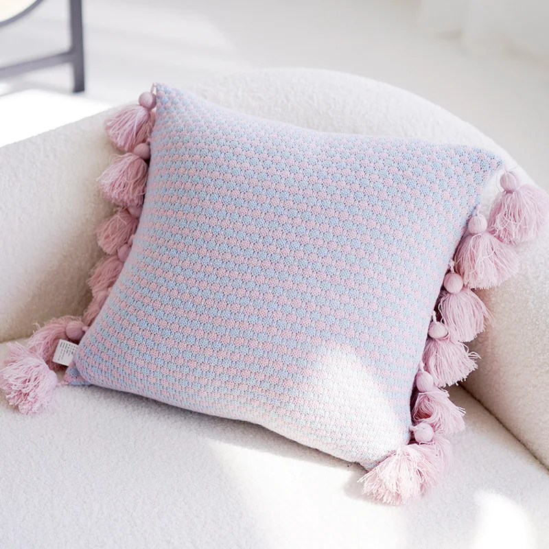 Pink White Cushion Cover 45x45cm Pillow Cover Modern Simple Knitted Tassel Round Home Decoration Living Room Bedroom Chair Couch