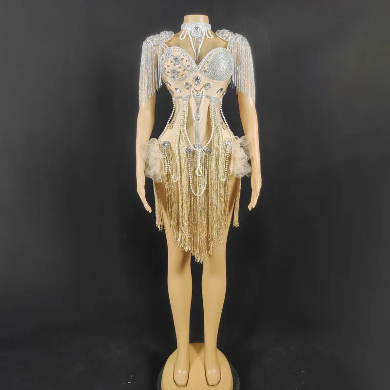 

Costume Stage Show Diamond Luxury Sleeveless Backless Tassel Dress Ladies Elegant Dance Party Stunning Han Robe De Soirée Femmes