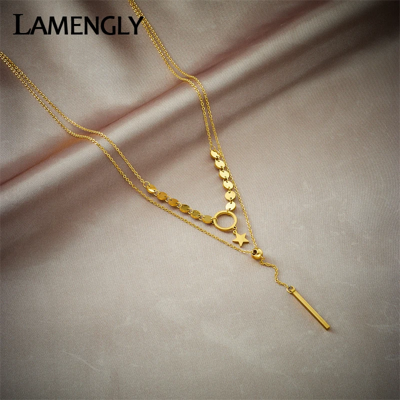 LAMENGLY 316L Stainless Steel Ball Star Long Pendant Necklace For Women Fashion Girls 2in1 Clavicle Chains Jewelry Birthday Gift