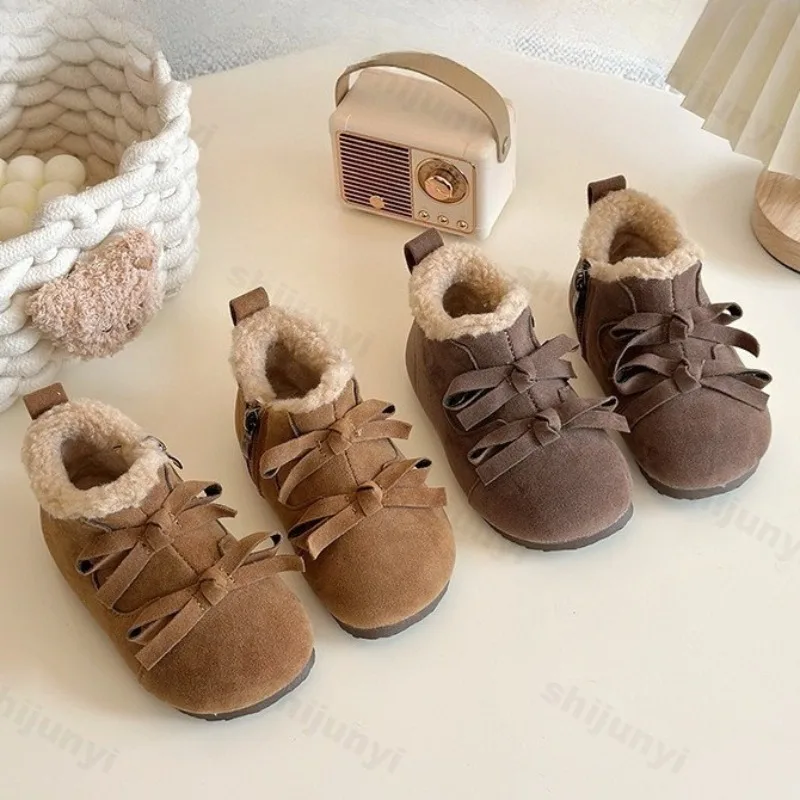 

2025 Winter New Girls' Vintage Bow Warm Thick Plush Short Boots Childrens' Hairy Versatile Soft Comfortable Casual Cotton Boots