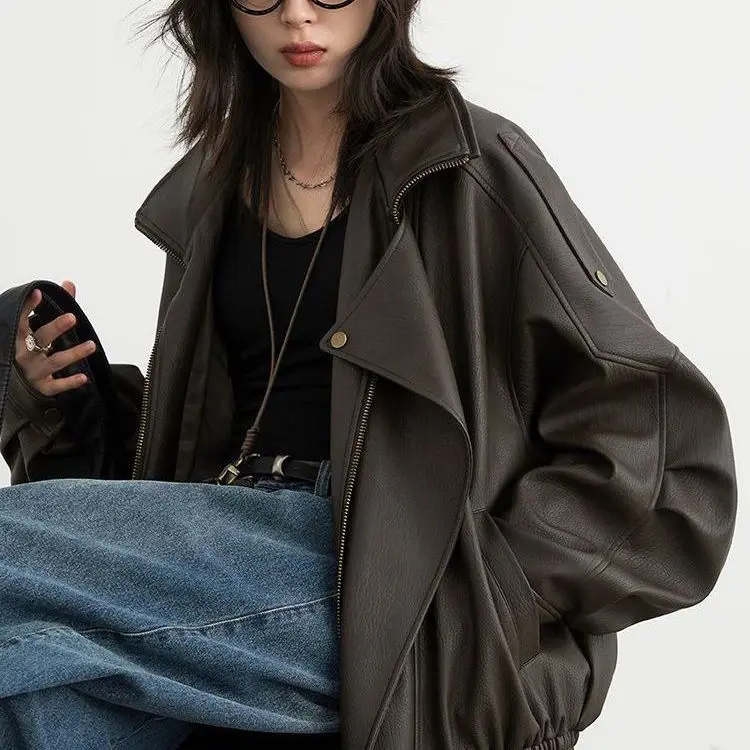 

Fashion Women Pu Jacket Loose New Retro Standing Collar Motorcycle Faux Leather Zip Up Coat Female Spring Autumn Tops Outwear