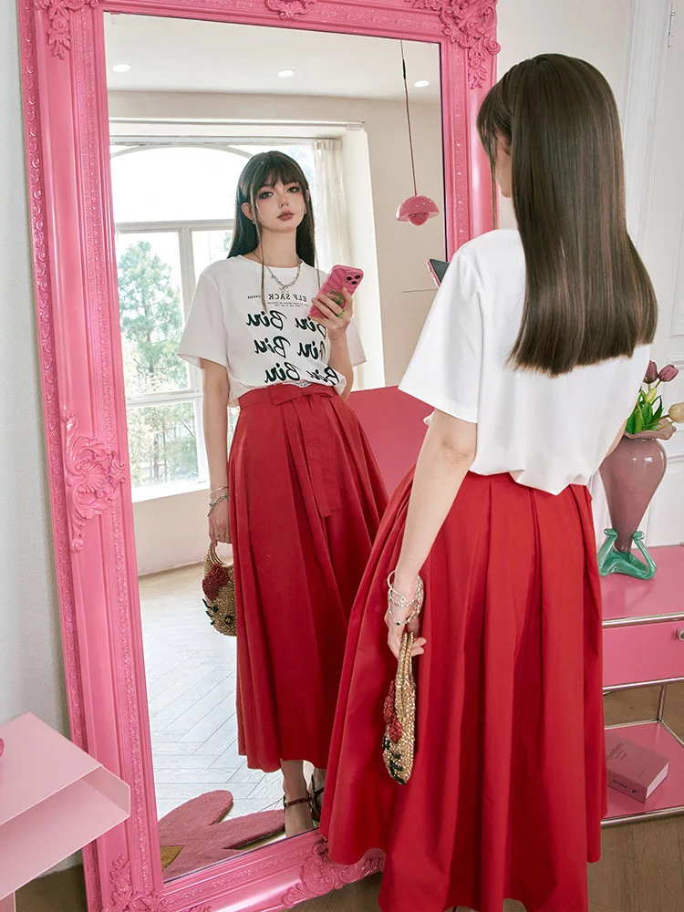 

Red High Waist Casual Midi Skirt Women's Knot Design Slimming A-Line Skirt Sweet Sle Polyester Fiber Summer New A...