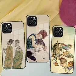 Egon Schiele Art Phone Case for Iphone 16 15 14 12 11 13 Pro Max Mini 8 X Xr Xs Puls Black Glass Cover