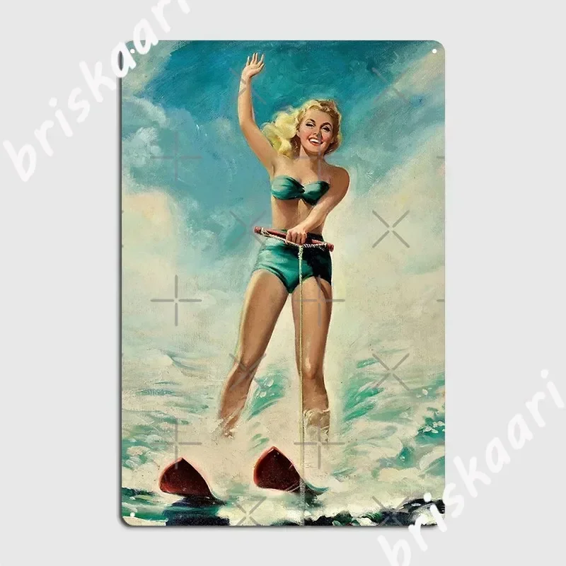 Vintage Pin Up Girls Pinup Style Beautiful Girl At The Sea In A Bathing Suit Poster Metal Plaque Poster Home Tin sign Poster