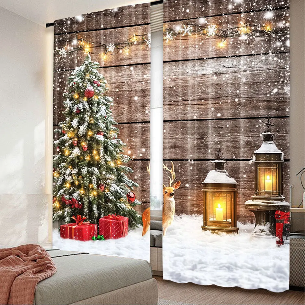 

2Pcs Christmas Curtain Christmas Winter Snowflakes Xmas Tree Rustic Vintage Wood Wall Christmas Party Decorations A