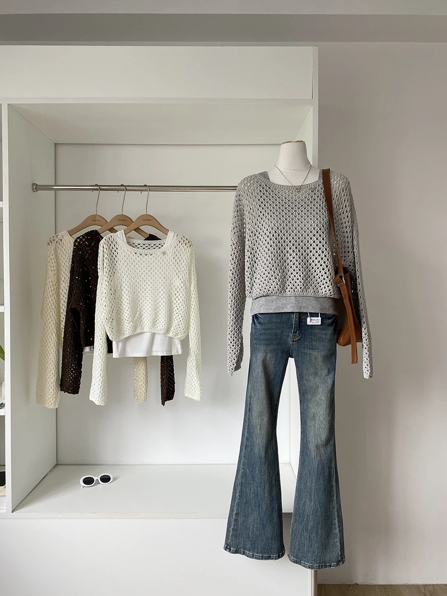

Fashionable Korean Style Slim Fit Knitted Vest And Pants Set for Women Color Hollow out Design Autumn New Arrival