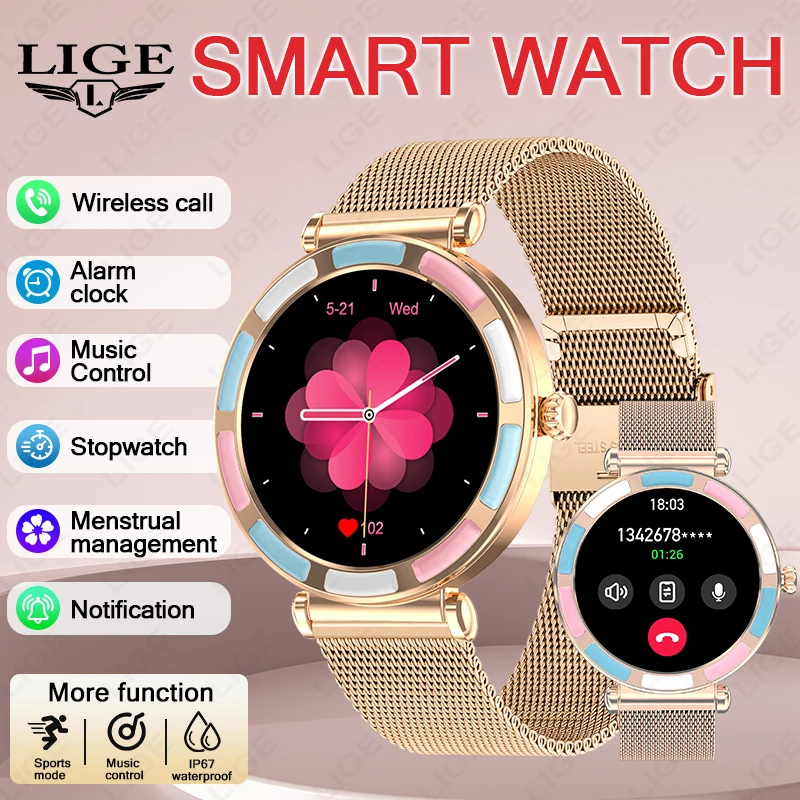 LIGE Fashion Smartwatch النساء 1.27 "HD شاشة سوار السيدات معدل ضربات القلب الرياضة مقاوم للماء بلوتوث دعوة الموسيقى امرأة ساعة ذكية