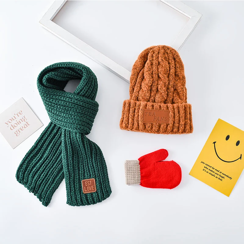 Children's 3-piece new autumn/winter suit hat scarf Knitted wool ear cap thickened warm daily bib