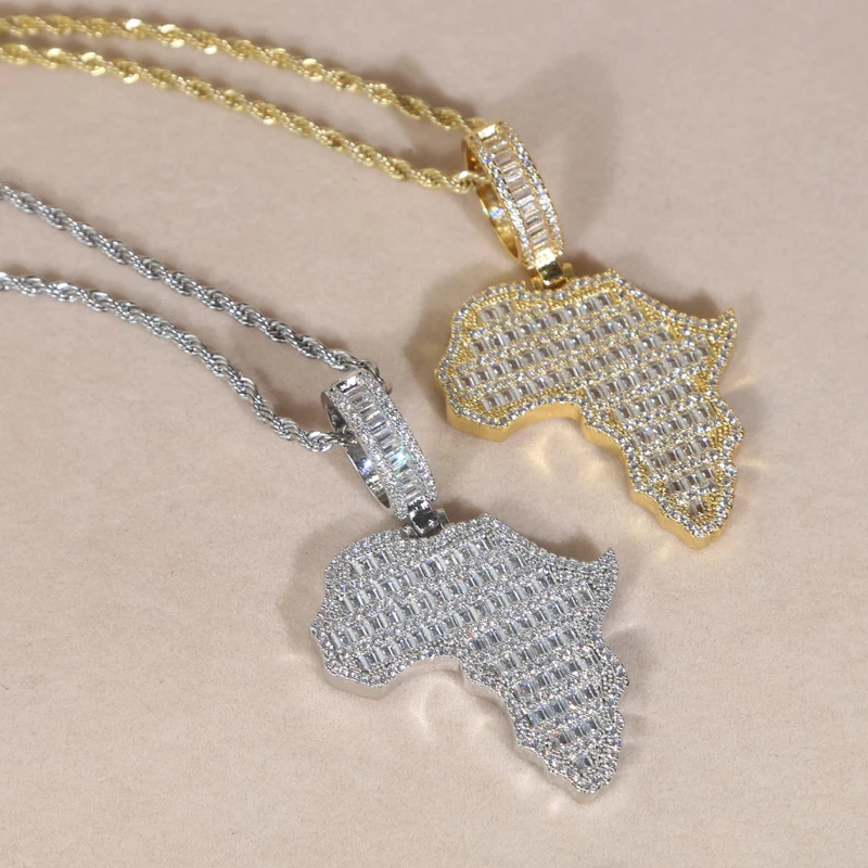New Arrive Rectangle Cubic Zirconia CZ Paved Bling Africa Map Shaped Pendant Necklace Hip Hop Men Boy Cool Meaning Jewelry