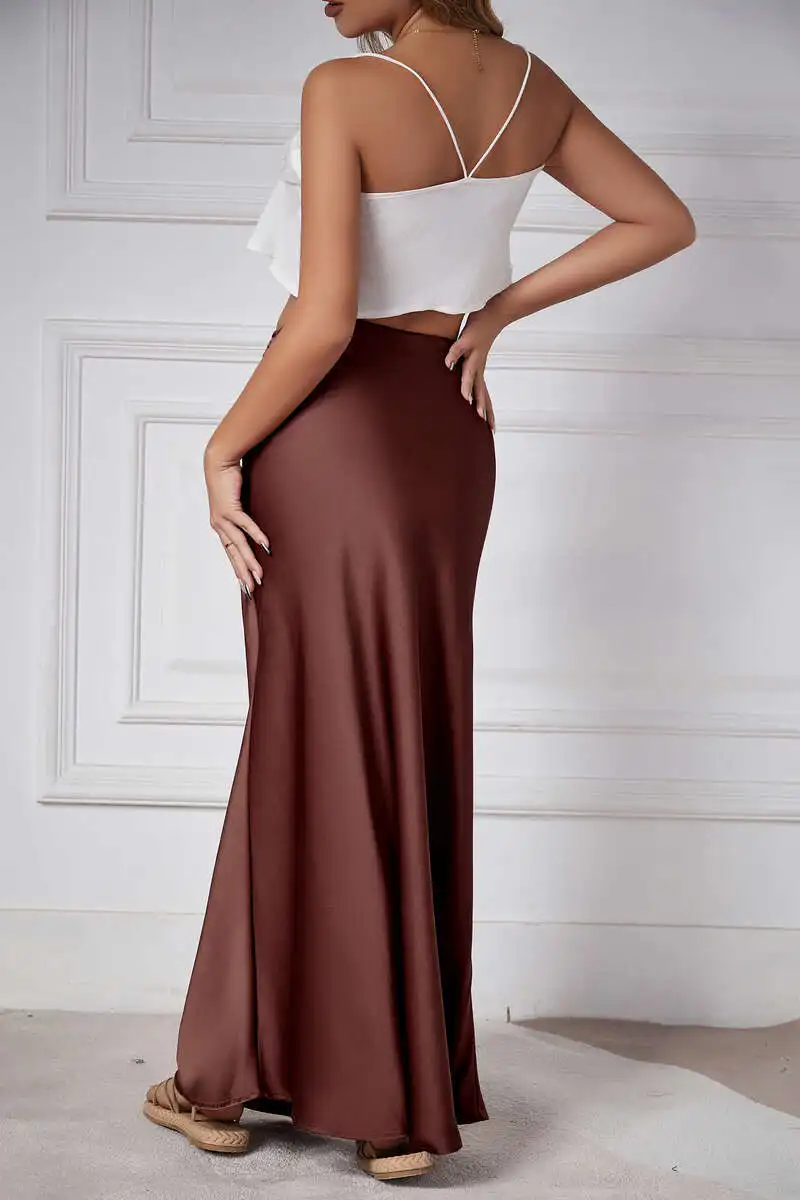 New In 2026 Spring Summer Solid Color Satin Long Skirt For Women High Waist Lace-Up Fashion Elegant Faldas
