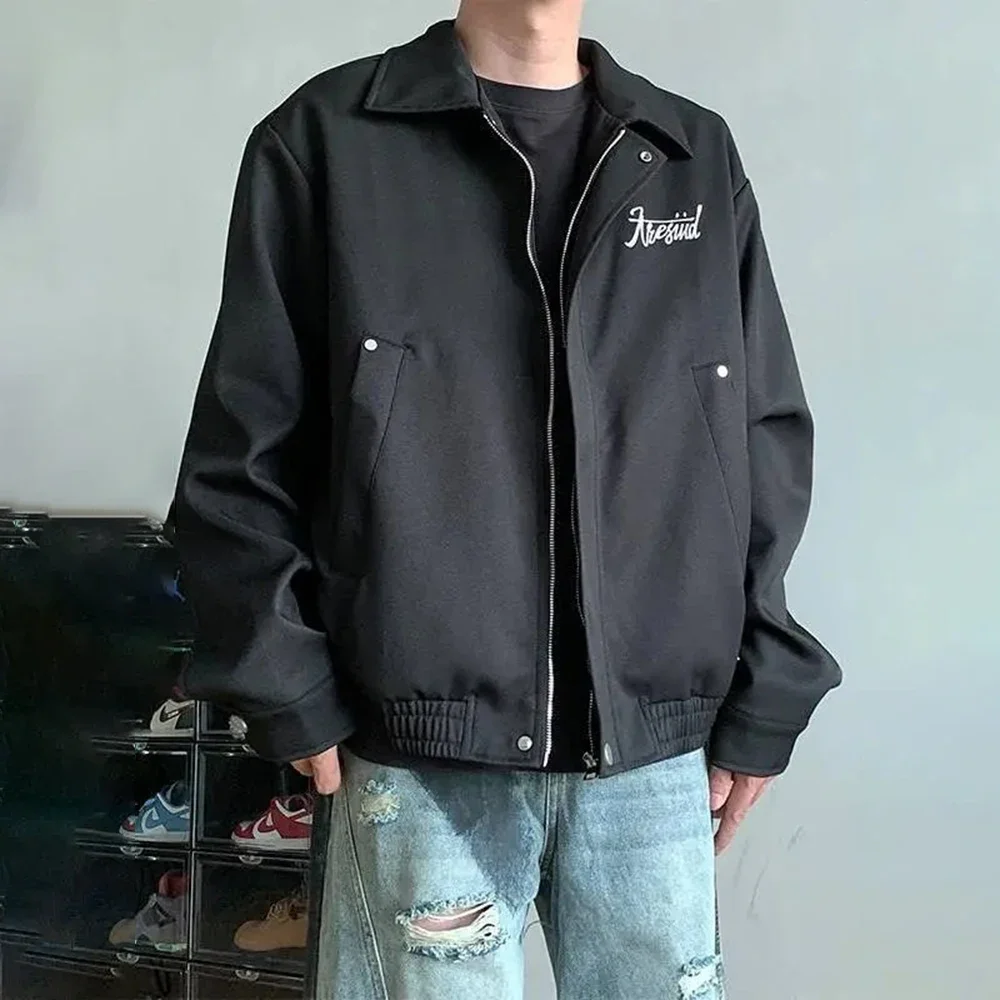 Mens Streetwear Letter Embroidery Work Jacket Autumn Youth Campus Fashion Casual Versatile Couple Jacket Men'S Clothing