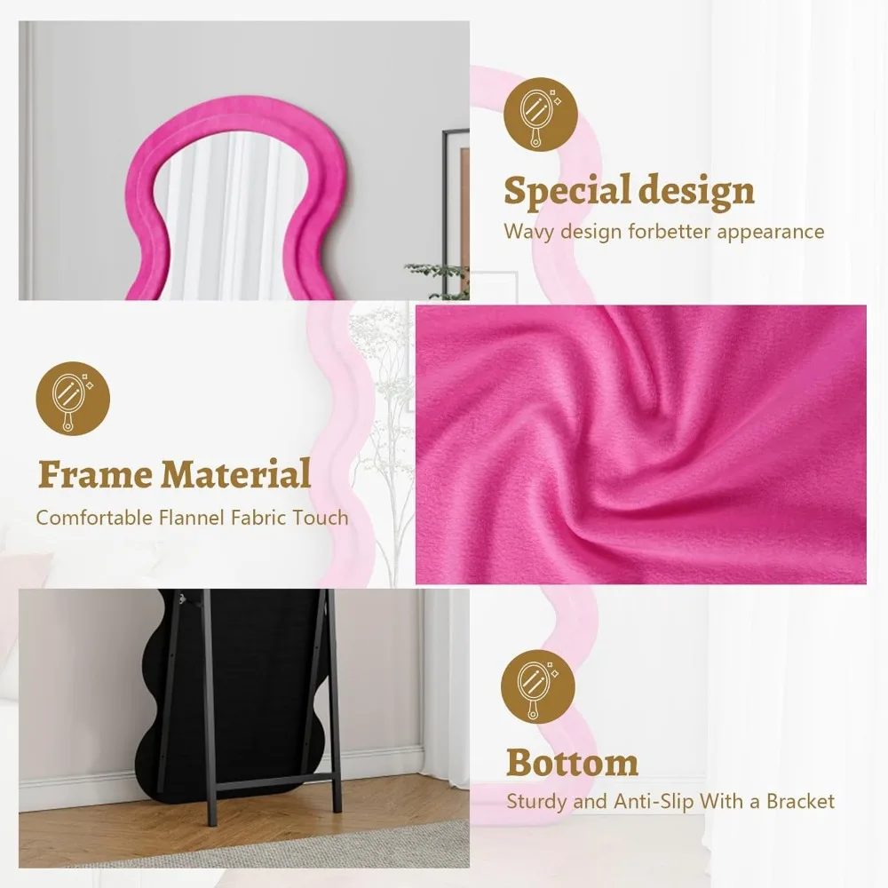 Grande espelho de chão ondulado de comprimento total com tecido de flanela, espelho de parede independente de 63 x 24 para visualização de corpo inteiro