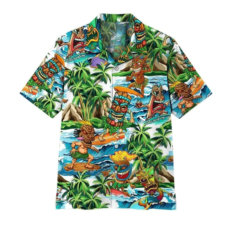 Tiki Moai-camisas hawaianas estampadas en 3D para hombre, ropa Vintage, blusa gráfica de calavera de terror, blusa informal Y2k para playa