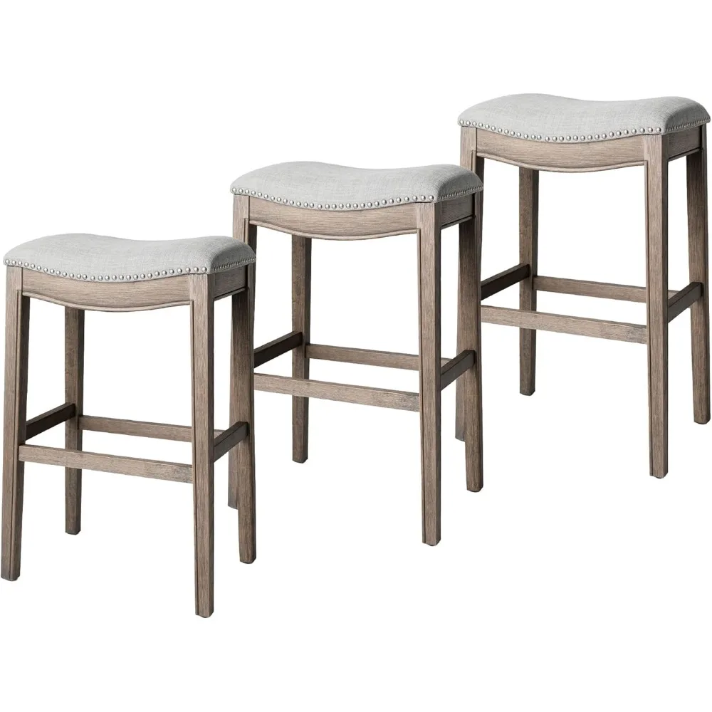 

Adrien 31 Inch Bar Height Upholstered Backless Saddle Barstool in Reclaimed Oak Finish with Ash Grey Fabric Cushion Seat,Set of3