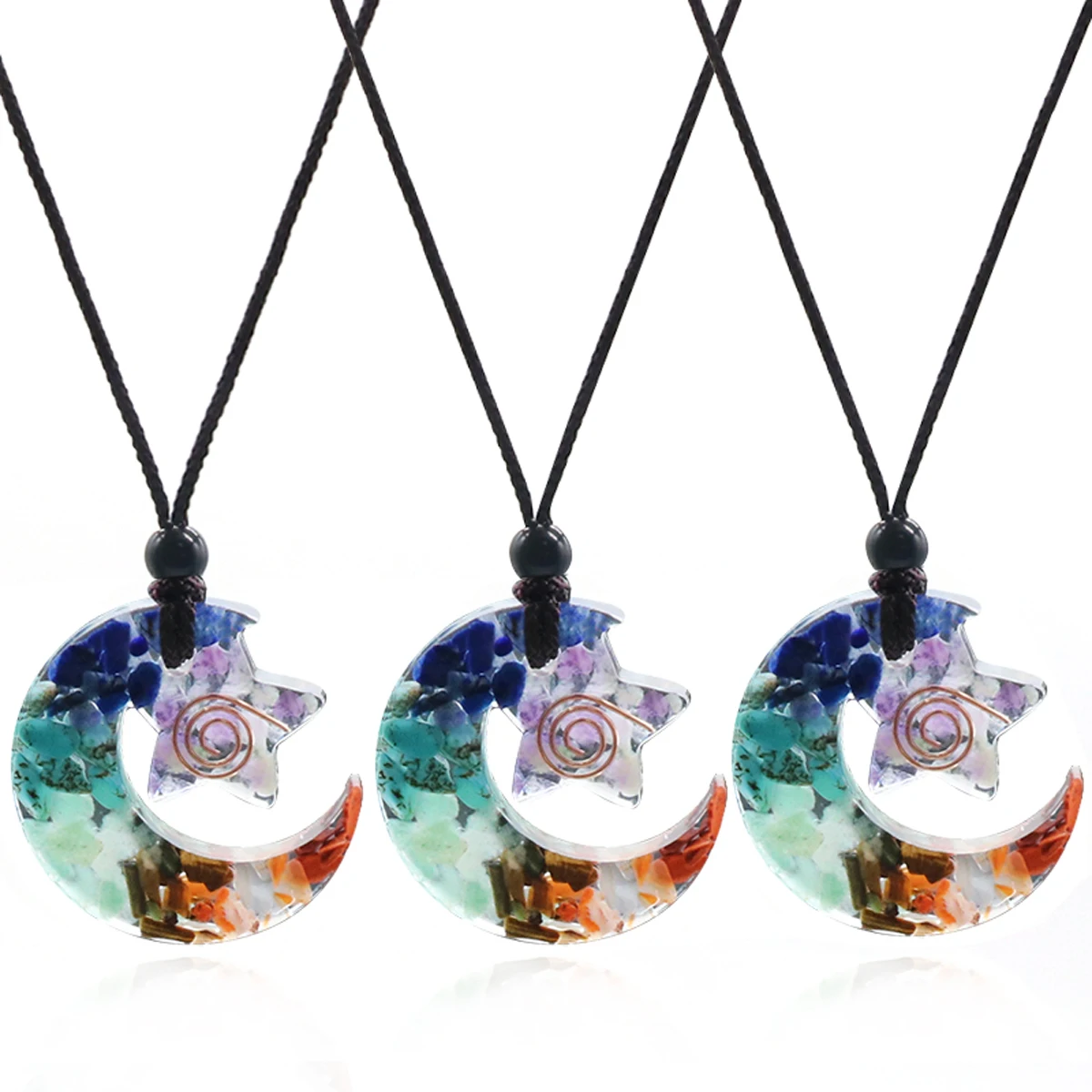 Resin Crushed Stone Colorful Stars and Moon Pendant Natural Stone Seven Chakras Charm for Jewelry Making DIY Necklace Accessory