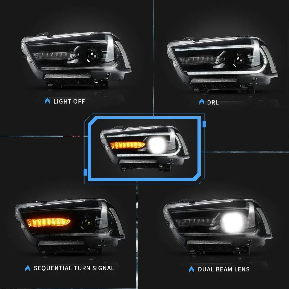 Led Headlights Compatible with Dodge Charger 2011 2012 2013 2014(Not fit 2012 Dodge Charger SE) w/Amber Sequential Turn Si