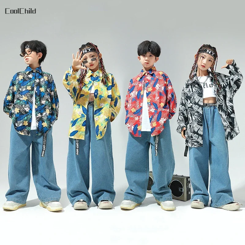 

Hip Hop Girls Floral Shirt Denim Pants Children Flower Blouse Boys Street Dance Loose Jeans Jazz Clothes Sets Kids Streetwear