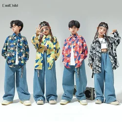 Hip Hop Girls Floral Shirt Denim Pants Children Flower Blouse Boys Street Dance Loose Jeans Jazz Clothes Sets Kids Streetwear