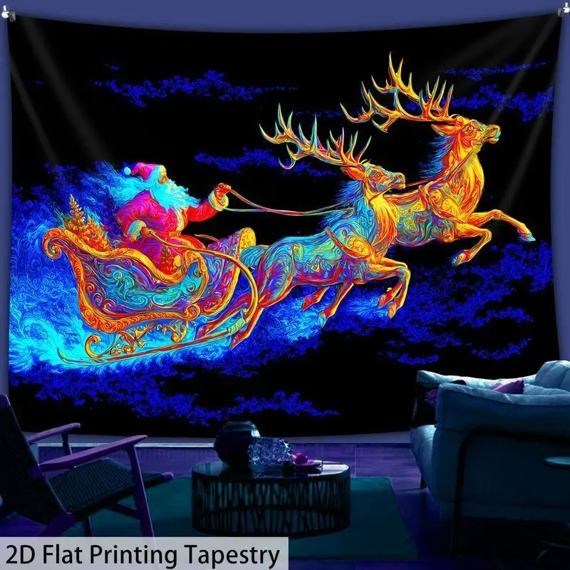 VIKAMA Neon Christmas Tapestry Santa Sleigh Reindeer Sky Glow Soft Washable Wall Hanging Living Room Happy New Year Home Decor