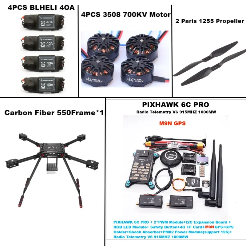 F550 Hexa Frame PIXHAWK 6C PRO M8N/M9N/M10 Flight Control Carbon Ardupilot Radio Telemetry Quadcopter 40A ESC 3508 700KV Motor
