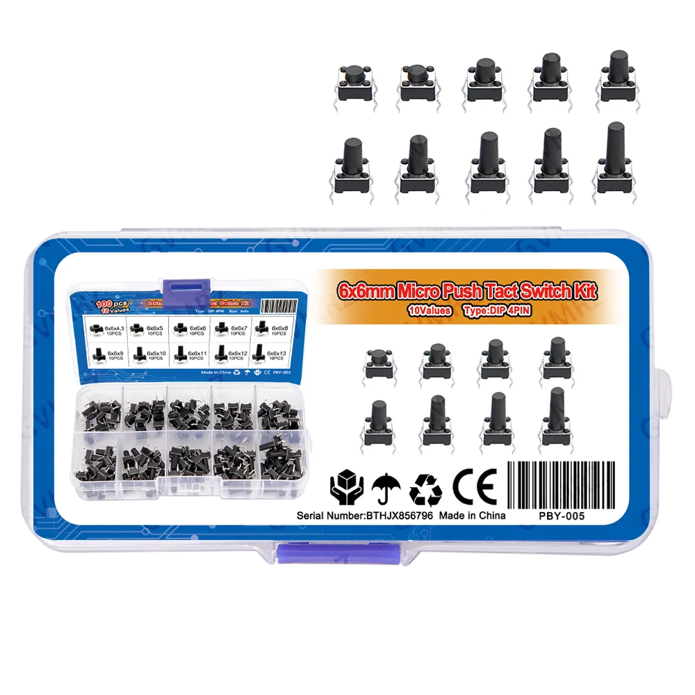 100PCS 10Values 6x6 DIP 4Pin Micro Push Tact Switch Kit for /Electronics DIY Projects 6x6x4.3/5/6/7/8/9/10/11/12/13 x10