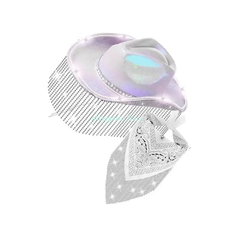 مجموعة Y88A Trend Cowgirl Hat ووشاح الرقبة قبعات رعاة البقر واسعة الحواف لحفلات الزفاف #4