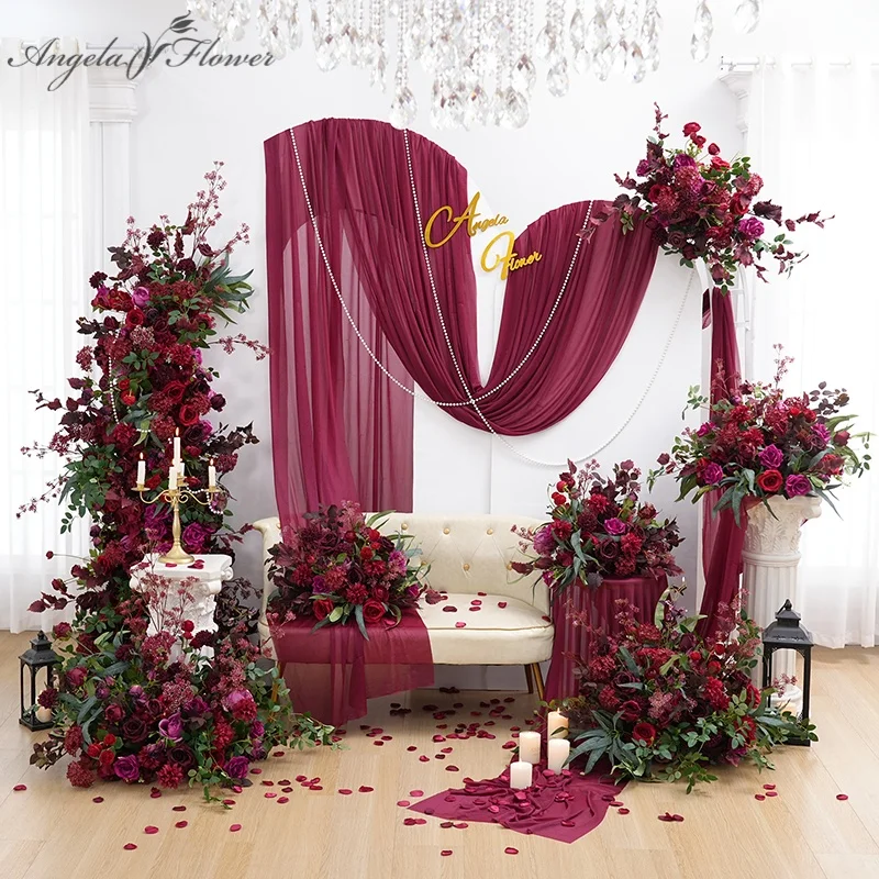 A8898 Burgundy Red Rose Green Leaf Hang Flower Row Decor Wedding Backdrop Arch Table Centerpiece Ball Event Aisle Floor Floral Props