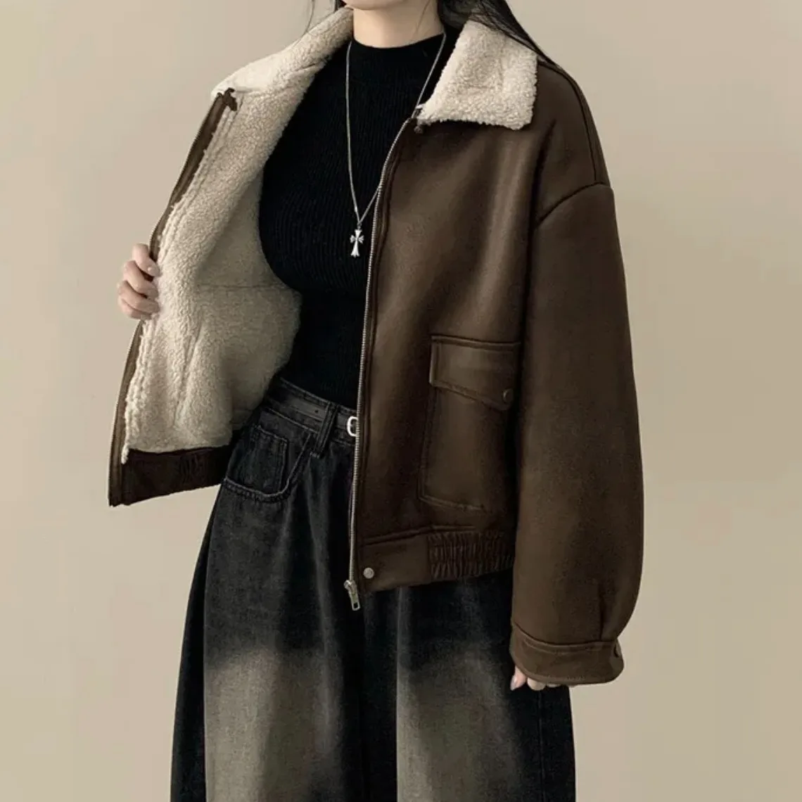 Damen Retro Biker Sle Thiened Lammfell Ort Mantel Long Sve Reißverschlusskragen Leder und Pelz Inteated Oberbekleidung Jaet