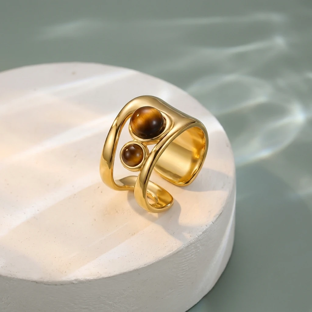 Vintage Edelstahl-Ringe mit Braunem Naturstein für Damen und Herren, Vergoldete Ovale Geometrische Stapelringe, Wasserfester Schmuck – Detail 6