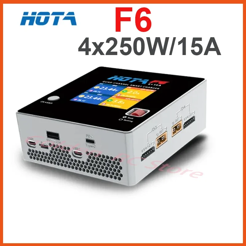 HOTA F6 Smart Balance Charger 4x250W/15A with Type-C 2 in 1 XT60 PLUG Lipo LiIon NiMH Battery for iPhone iMac Samsung Charging