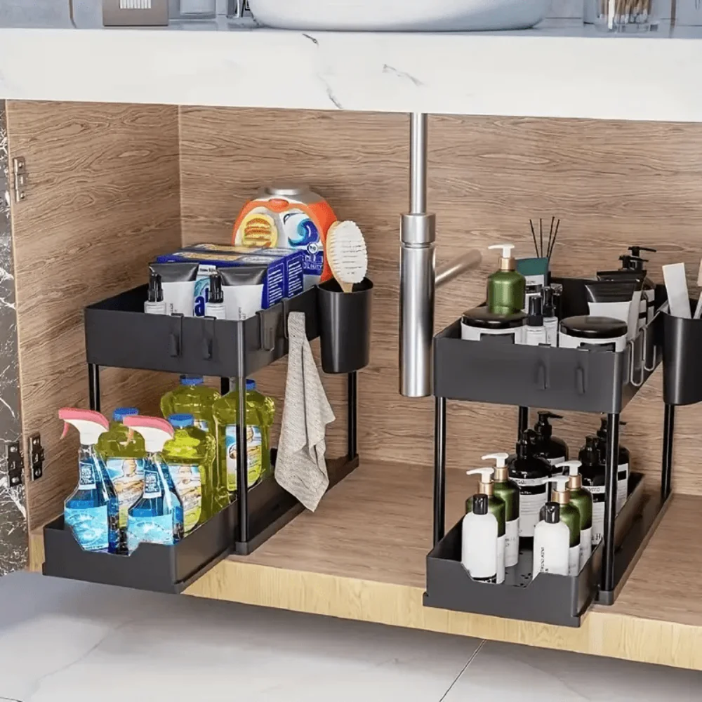 

2-Tier Smooth and Efficient Sliding Drawer Organizer - Maximizes Storage Space with Ease of Use, Ideal for Under Sink, Kitchen o