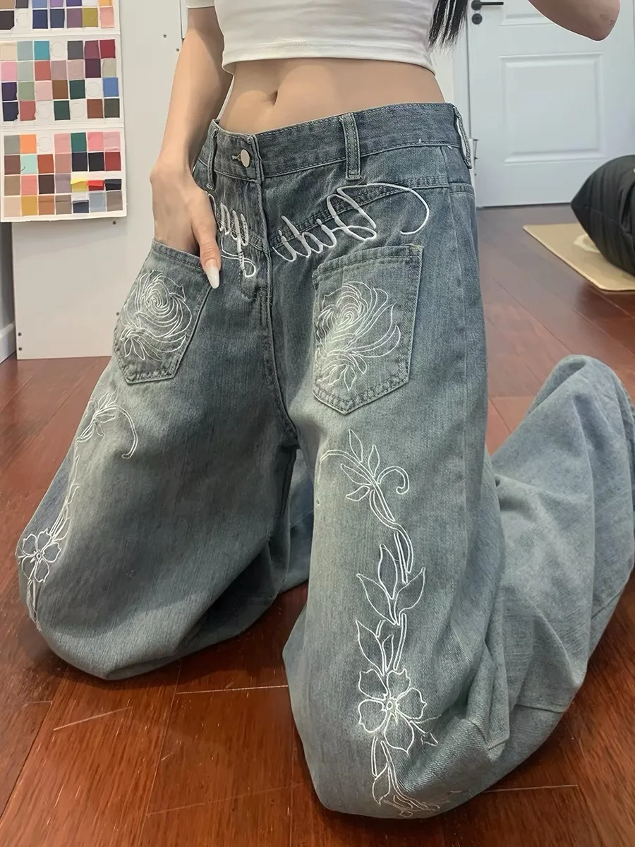 

American High Street Rose Embroidery Wide Leg Jeans Women's Vintage Waed Loose Fit Floor Length Pants Casual High Waist