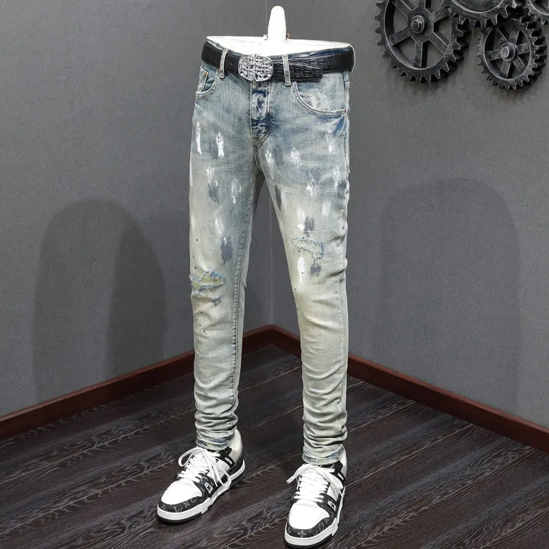 

Street Fashion Men Jeans Retro Washed Blue Stretch Skinny Fit Painted Ripped Jeans Men Brand Designer Hip Hop Denim Pants Hombre